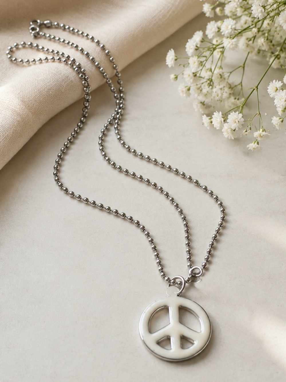 Silver-Tone Peace Sign Necklace with Cream Inlay 16” Modern Boho